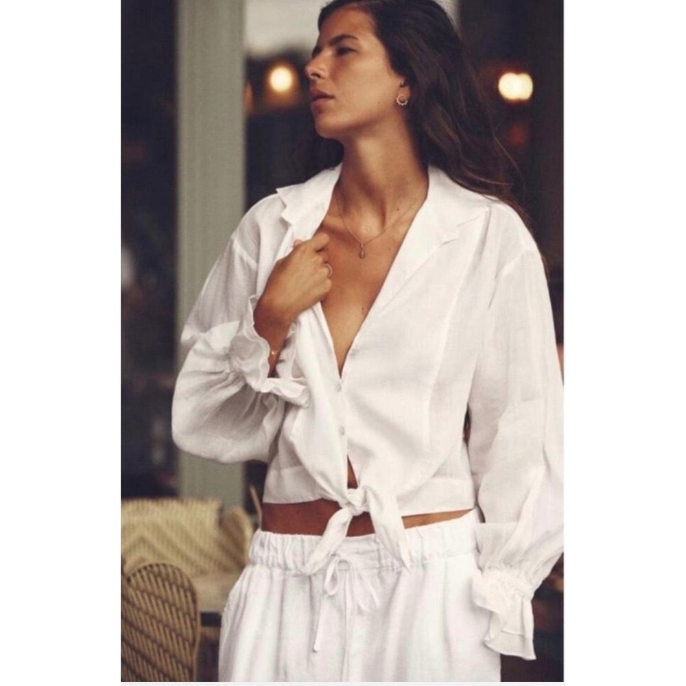 Zara White Ramie Tie Front Crop Blouse Ruffle Cuff Long Sleeve L Boho Feminine